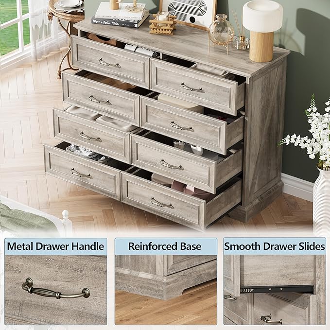 8 Drawer Dresser for Bedroom, 47" Wide Wooden Chest of Drawers, Rustic Farmhouse Dresser with Large Drawers & Metal Handles, Modern Storage Organizer for Closet, Living Room, Hallway, Grey