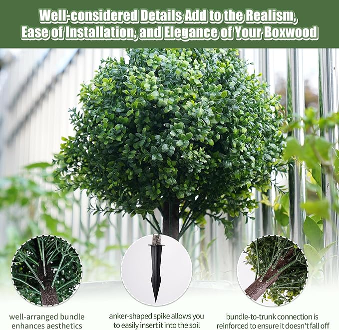 24inch Artificial Boxwood Christmas Trees, Faux Boxwood Topiary with Spikes, Weatherproof UV Resistant Fake Shrubs Plants for Outdoor Front Porch Planters, Christmas Porch Balls Decor, 2 Sets