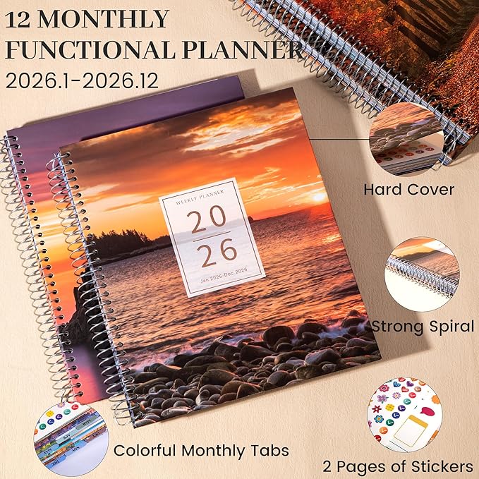 CAGIE 2026 planner Weekly and Monthly Jan 2026-Dec 2026 Hardcover Hourly Daily Planners for Women 26 Calendar Planner with Stickers Spiral Bound Yearly Agenda, 8.5 x 11