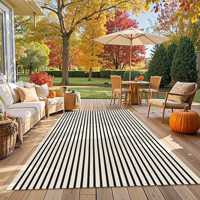 Collive Black and White Outdoor Rug, 5x8ft Striped Outdoor Christmas Rug, Reversible Washable Patio Rugs,Cotton Hand Woven Indoor Area Rug Floor Carpet for Indoor Outdoor Christmas Porch Decor