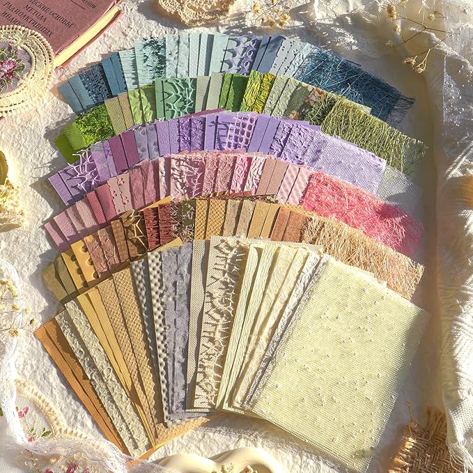 144 Sheets Textured Scrapbook Paper and Mesh Fabric Set - 6 Pack Assorted Mixed Special Paper for Scrapbooking Planner Bullet Junk Journal Supplies Media Collage Card Embellishments 3.9x5.5 Inch