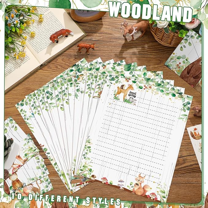 TaoBary 160 Pcs Stationery Paper Set 50 Double Sided Stationery Papers with 50 Matching Envelopes and 60 Round Dot Sticker, 10 Design(Woodland Animal,8.5 x 11 Inch)