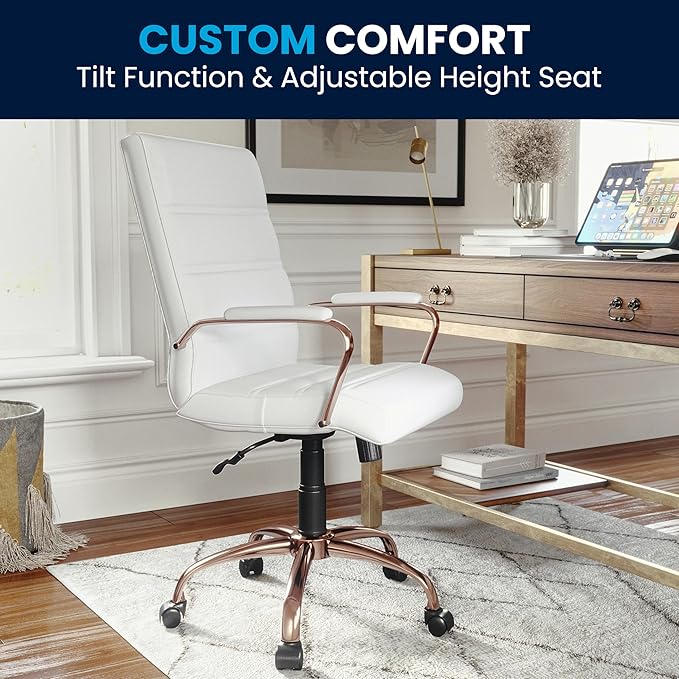 Flash Furniture Whitney Mid-Back Swivel LeatherSoft Desk Chair with Padded Seat and Armrests, Adjustable Height Padded LeatherSoft Office Chair, White/Rose Gold