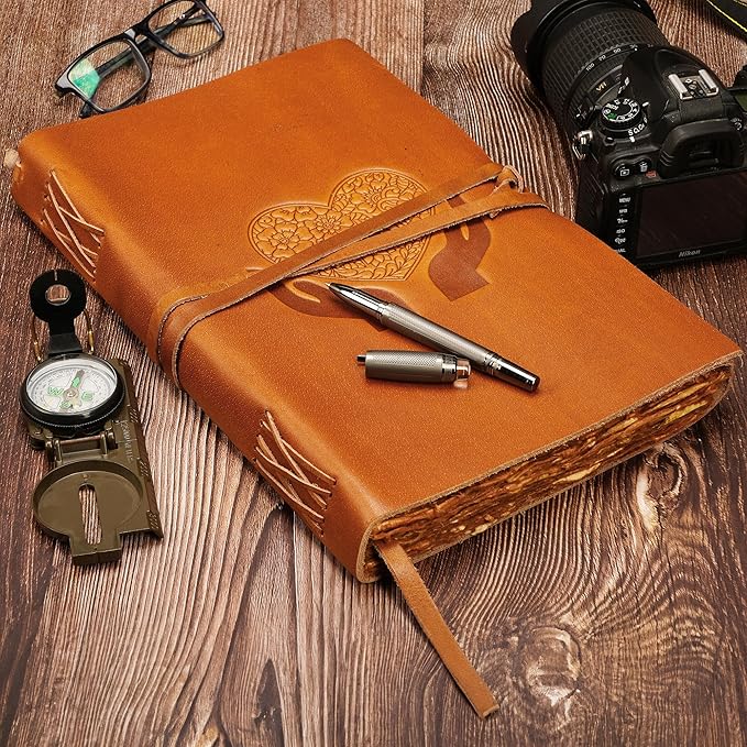 LUXEORIA Heart Journal for Women and Men, Handcrafted Leather Journal for Writing Womens, Sketchbook, Travel Diary with Unlined Deckle Paper, Camel Brown 8x13