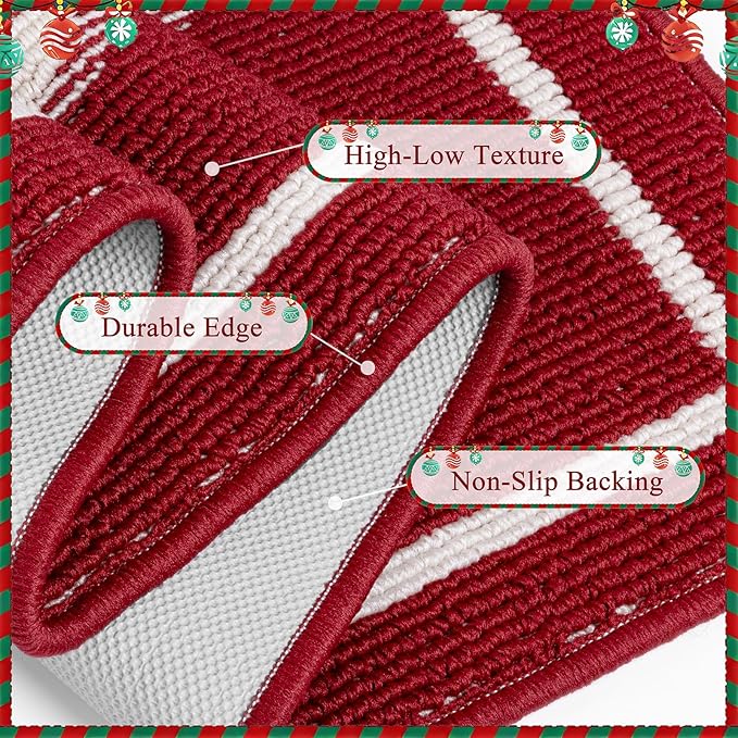 Christmas Doormat with Non Slip, Loop Pile Red and White Indoor Christmas Welcome Mat with Absorbent & Dirt-Trapping, Outdoor Christmas Tree Door Mat Front Porch Decor 32x48 Inch