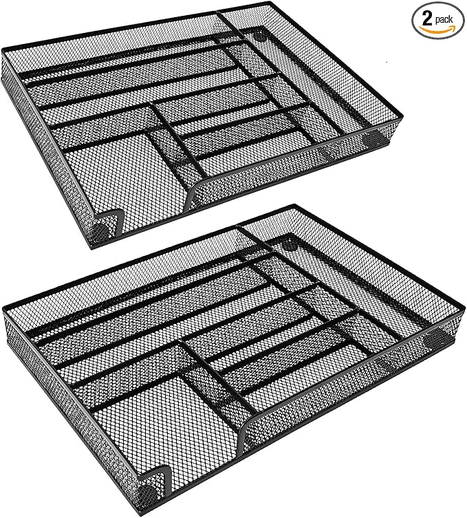 2-Pack Desk Drawer Organizers, 6-Compartment Metal Mesh Trays for Pens, Paper Clips, Office Supplies, Ventilated Storage Inserts for Home, Office, School, 12.6 x 8.27 x 1.57 Inches, Black