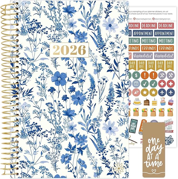 bloom daily planners 2026 Planner (January - December) Calendar Year Organizer - 5.5” x 8.25” - Weekly & Monthly Agenda Book with Stickers & Bookmark - Blue & White Floral