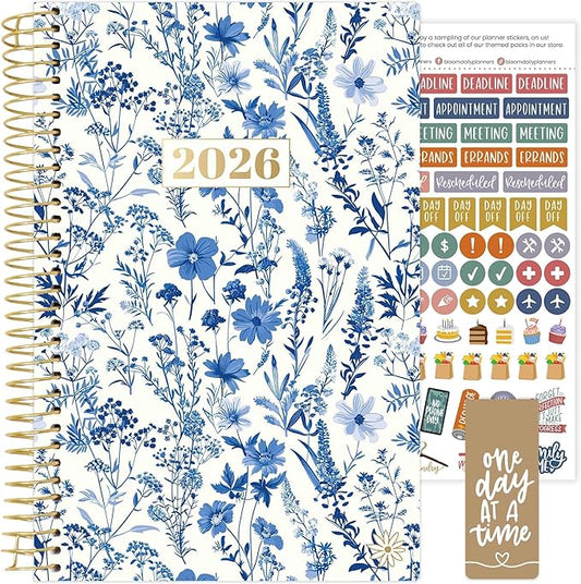 bloom daily planners 2026 Planner (January - December) Calendar Year Organizer - 5.5” x 8.25” - Weekly & Monthly Agenda Book with Stickers & Bookmark - Blue & White Floral