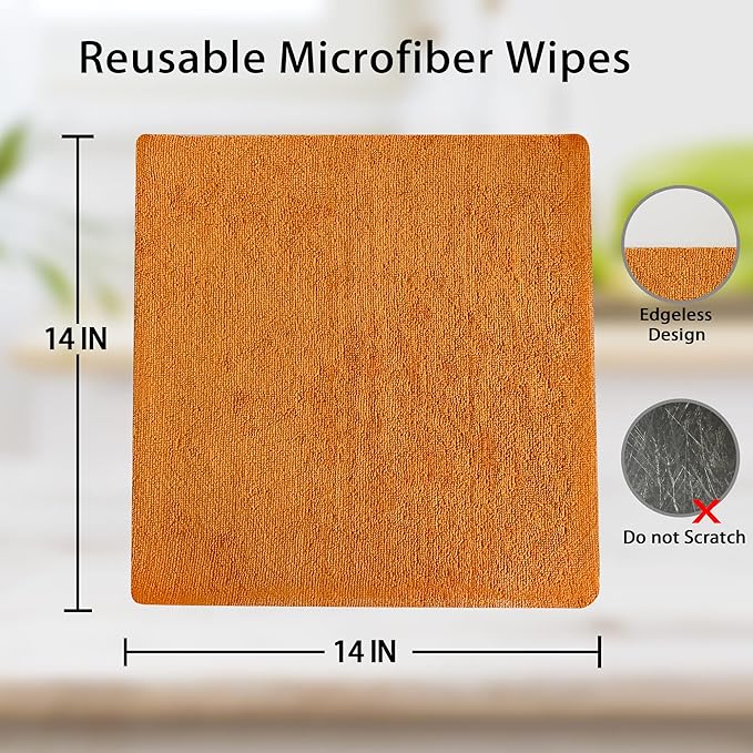 Reusable Microfiber Wipes, 50 Packs, Size 14 inches x 14 inches (Orange)