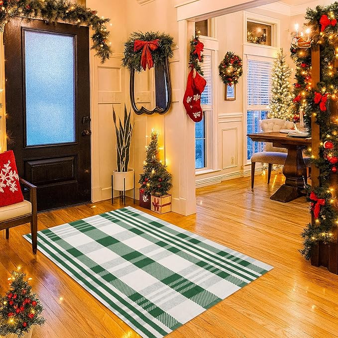 Christmas Green & White Check Rug - 4' x 6' Outdoor Front Door Decor Mat Cotton Washable Hand-Woven Rug Christmas New Year Holiday Porch Entryway Layered Doormat