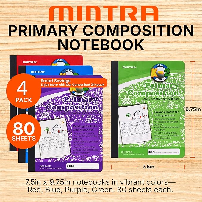 Mintra Primary Composition Notebook, 4 Pack, Assorted Colors 80 Sheets, 7.5in x 9.75in, 1/2 Sheet, Ruled with Drawing Area, Flexible Hardcover Journal, Grades K-2, School & Home Use