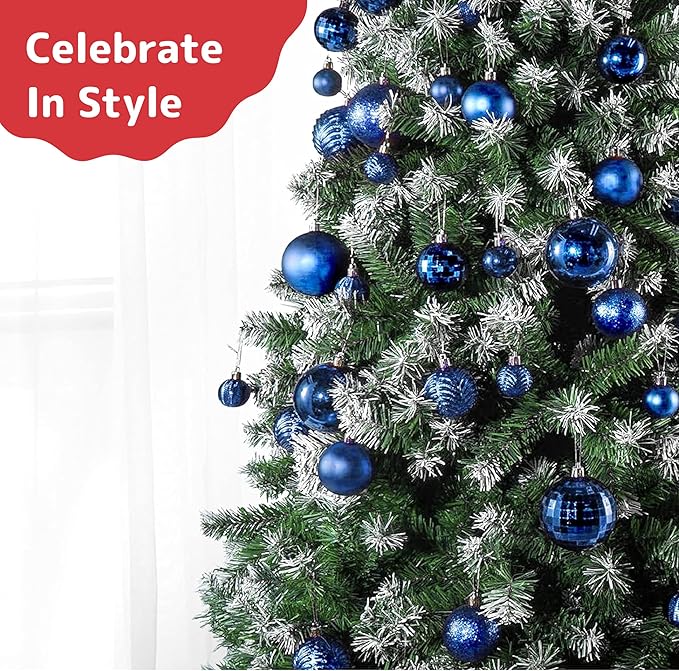PREXTEX 36 Piece Blue Christmas Ornaments Set with Hanging Loops - Durable, Shatterproof Christmas Balls in 3 Sizes and 6 Styles - Midnight Blue Xmas Decorations for Trees, Wreaths, and Holiday Decor