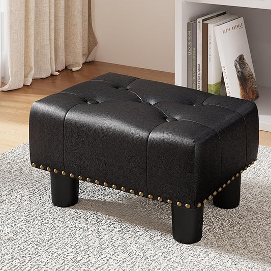 LUE BONA Small Tufted Foot Stool, Black Rivet Faux Leather Footrest with Plastic Legs, 9''H, Rectangle Foot Stools for Adult with Non-Slip Pads, Sofa Footstool for Living Room, Couch
