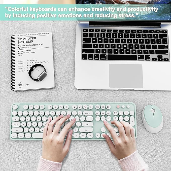 Wireless Keyboard and Mouse Combo, Ergonomic Full Size Typewriter Retro Round Keycaps Keyboard, Compatible with Windows, PC, Perfer for Home and Office Keyboards（Green）