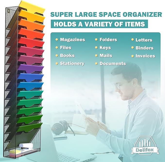 16-Tier Wall Mounted Hanging File Organizer Wall File Holder Metal Mesh Vertical Magazine Rack Classroom Office Organization