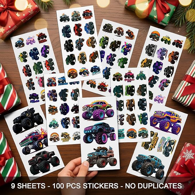 100 PCS Monster Truck Stickers Pack, Car Colorful Vinyl Waterproof Off Road Truck Decals for Kids Teens Adults Boys Girls, Gift for Laptop Water Bottle Helmet Scrapbook