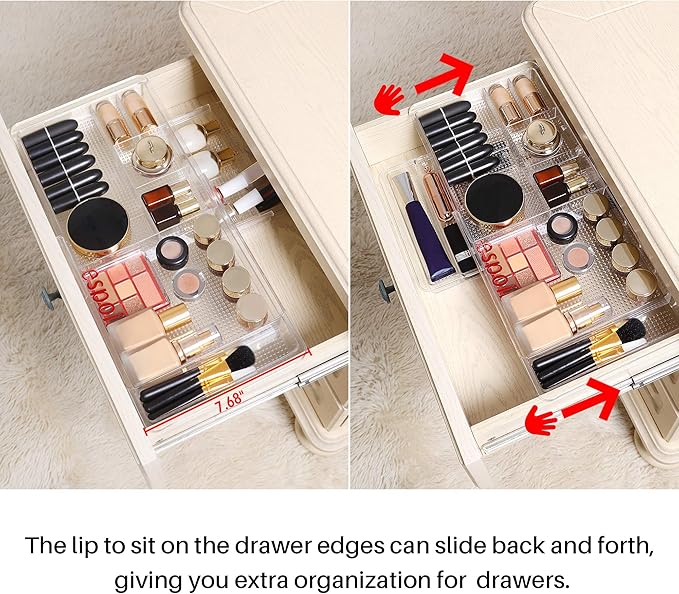 Oubonun Expandable Drawer Organizer 11.1” to 19.2” Width, Shallow Cosmetic Organizer 1.3” Height, 4 Packs, Clear Plastic Storage Trays for Dressing Table,Bathroom