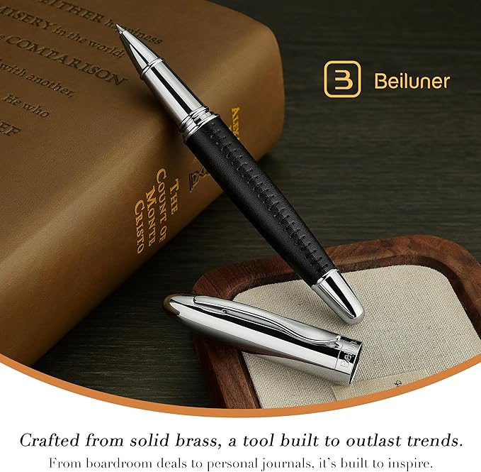 BEILUNER 318 Luxury Leather Pen, Hand-Stitched Premium Leather, Chrome-Plated Finish, Schmidt Ink Refill, Best Rollerball Pen Gift for Men & Women, Refillable, Executive Writing, Nice Pens