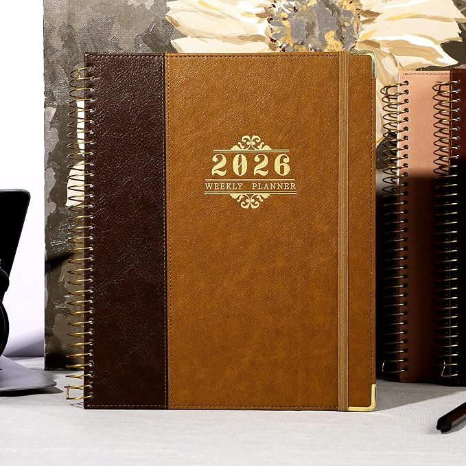 2026 Planner, Weekly and Monthly Calendar Planner Book,Dec 2025 - Dec 2026, Leather Hardcover Spiral Planner with Monthly Tabs, Notes Pages, Perfect for Women & Men, A4 (9.6" x 11.2") - Brown