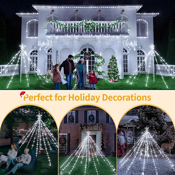Ollny Christmas Lights Tree 340LED with Topper Star, IP67 Waterproof Remote Control Waterfall Lights with Pole, 16 Modes 3 Timers Dimmable Light Decorations for Outdoor Yard Garden Lawn(Cool White)