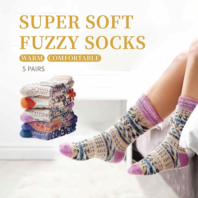 ICEIVY 5 Pair Fuzzy Cozy Socks for Women - Warm Comfy Soft Casual Home Sleep Winter Wool Socks - Gifts for Women