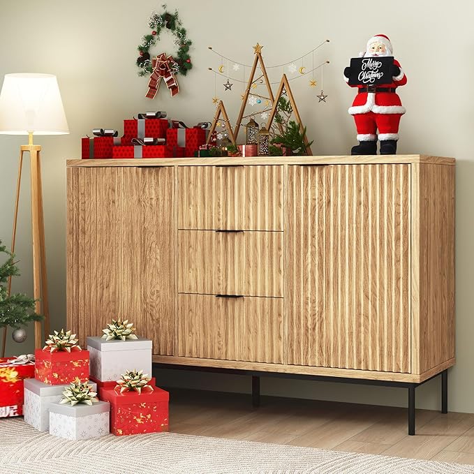 Real Relax Sideboard Buffet Cabinet with Storage, Modern Fluted Cabinet with 2 Doors 3 Drawers, Coffee Bar Accent Storage Credenza, for Kitchen, Living, Dinning Room, Oak