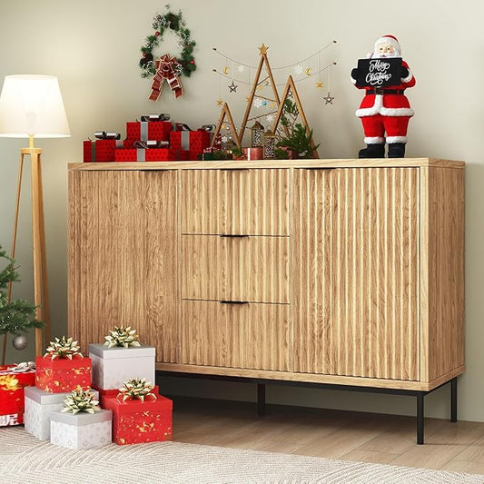 Real Relax Sideboard Buffet Cabinet with Storage, Modern Fluted Cabinet with 2 Doors 3 Drawers, Coffee Bar Accent Storage Credenza, for Kitchen, Living, Dinning Room, Oak