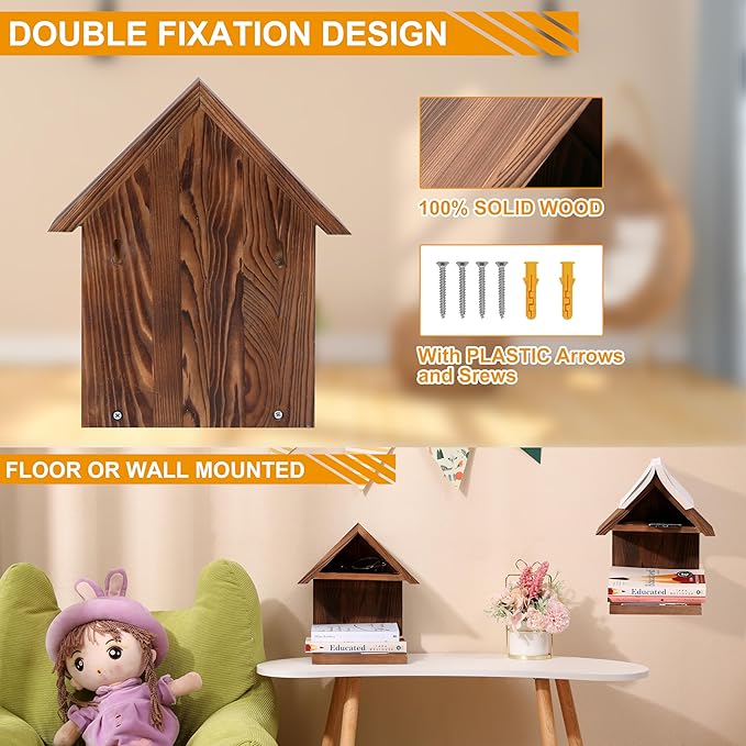 Floating Bedside Wood Bookshelf, Triangle Book Page Holder, Wooden Simple Bookcase for Bedroom Nightstand Library Office or Wall Decor Storage (Brown)