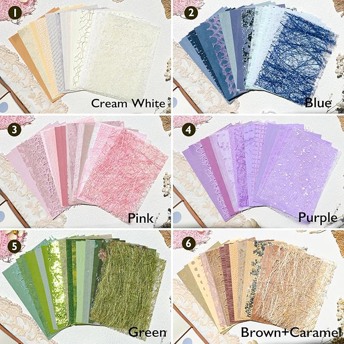 144 Sheets Textured Scrapbook Paper and Mesh Fabric Set - 6 Pack Assorted Mixed Special Paper for Scrapbooking Planner Bullet Junk Journal Supplies Media Collage Card Embellishments 3.9x5.5 Inch