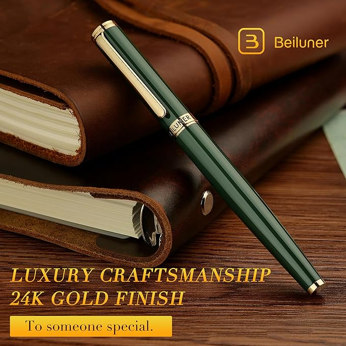 BEILUNER Luxury Rollerball Pen, Stunning Green Lacquer with 24K Gold Trim,Noble and Elegant Designs,Schneider Ink Refill, Best Gift Set for Men & Women, Refillable, Executive Writing, Nice Pens
