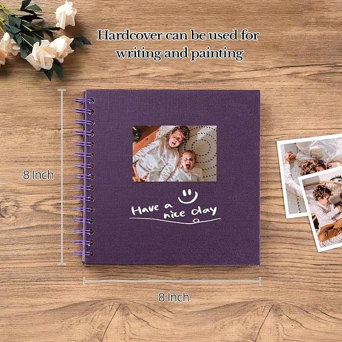 potricher 8 x 8 Inch DIY Scrapbook Album 40 Pages Hardcover Kraft Paper Scrap Book Photo Albums Memory Book for Wedding and Anniversary Family (Purple, 8 Inch)