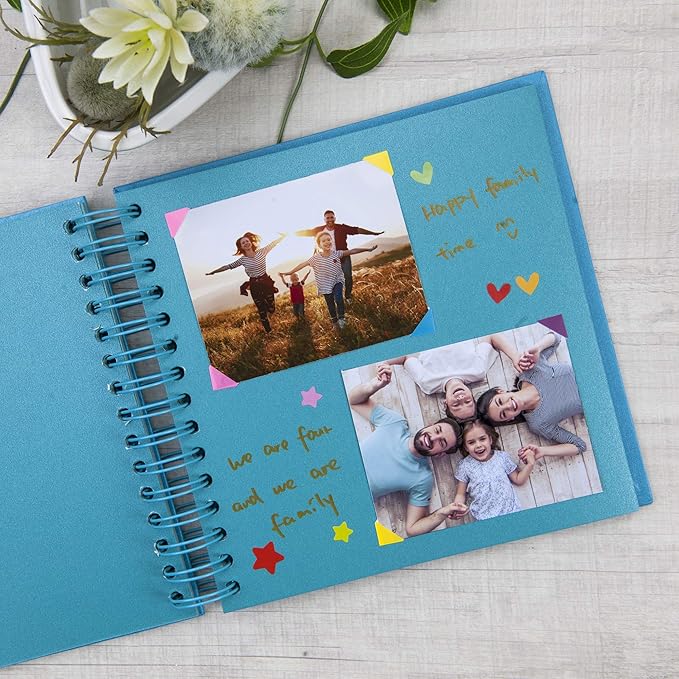 8 x 8 Inch Small DIY Scrapbook Photo Album with Window Design Cover 80 Pages Craft Paper Memory Book for Weeding Family Travel and Baby (Blue)