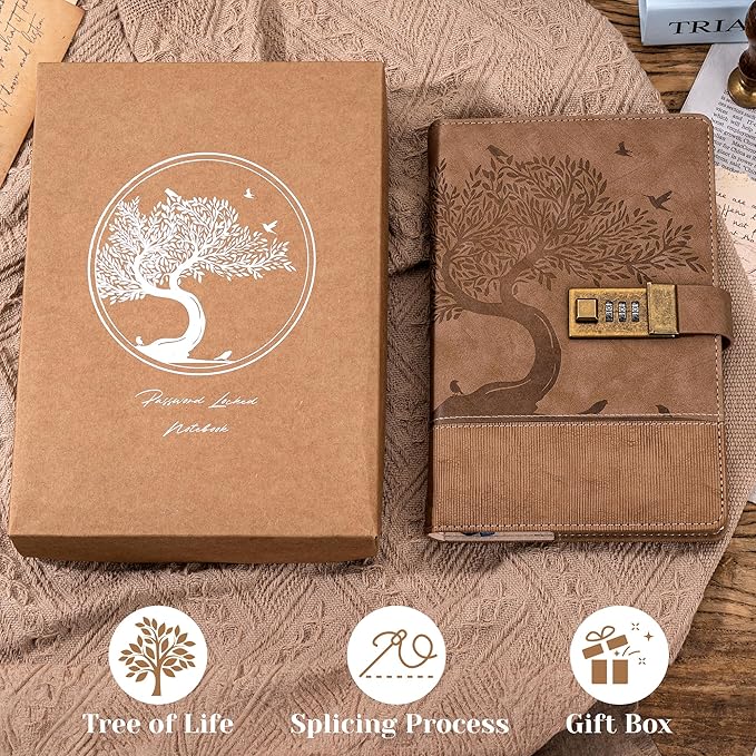 Vintage Diary with Lock for Women Men 256 Pages Leather Password Journal with Lock A5 Locked Journals for Writing Note Taking, 5.9x 8.3 in, Brown