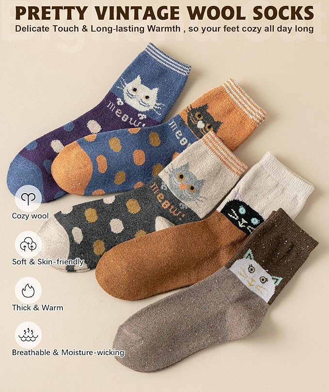 IIG Cute Warm Wool Socks for Women Super Cozy Thick Crew Winter Socks Gifts, 5 Pairs