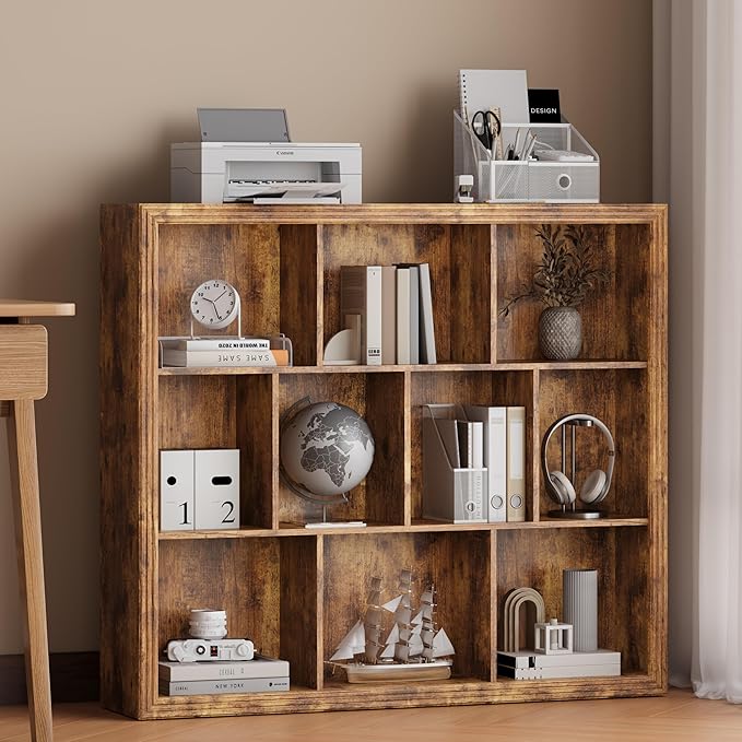 Wooden 10-Cube Storage Organizer, 3-Tier Bookshelf, Wood Brown Bookshelf, Bookcase, Cubical Storage Shelf with 3 Removable Back Panels for Bedroom Home and Office (Brown)