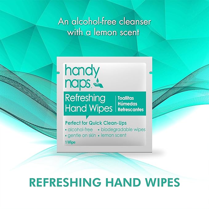 Handynaps Refreshing Hand Wipes, Alcohol-Free With Fresh Lemon Scent - Case of 1000 Individually Wrapped Wipes For Adults and Kids, Travel Essentials