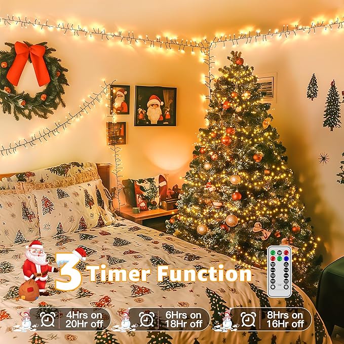 1200 LED 59 FT Cluster Lights, Warm White Christmas Tree Lights 8 Modes Timer Remote, Waterproof String Lights for Indoor Outside Garland Xmas Decorations