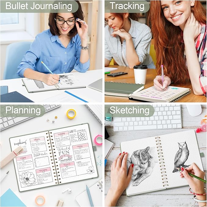 RETTACY Bullet Dotted Journal Notebook, 140 Pages, A5 Medium Size (5.7'' x 8.3''), Hardcover, 100 GSM Thick Paper, for Bullet Journaling, Planning, Tracking (Light Green)