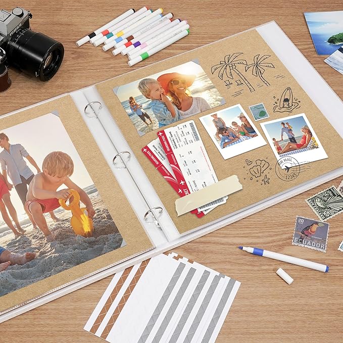 Vienrose Scrapbook Photo Album 12x12 Inch 3 Ring Binder, Linen Cover Large DIY Scrapbooks with 30 Sheets Plastic Sleeves 60 Pages Blank Khaki Inner Pages for Wedding Birthday Travel Baby Photos Beige