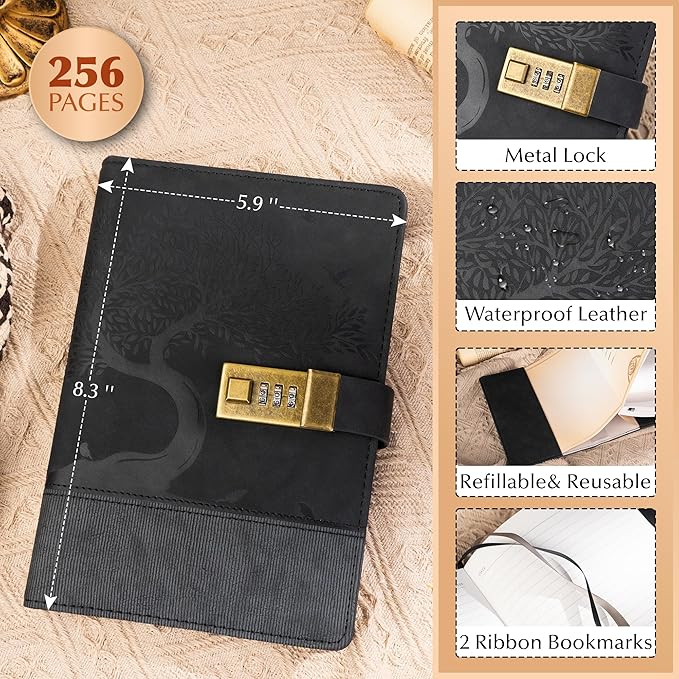 Vintage Diary with Lock for Women Men 256 Pages Leather Password Journal with Lock A5 Locked Journals for Writing Note Taking, 5.9x 8.3 in, Black