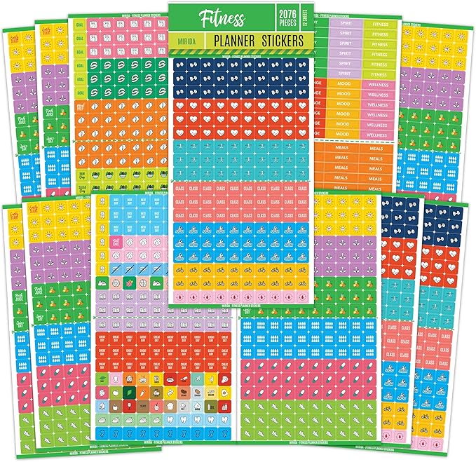 Mirida Planner Stickers - Fitness Pack of 2076 Mini Icons for Workout, Healthy Diet, Gym Exercise, and Habits - for Calendar and Journal