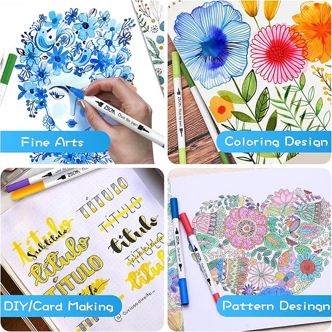 ZSCM 100 Colors Duo Tip Brush Markers Art Pen Set, Artist Fine and Brush Tip Colored Pens, for Adult Coloring Books Christmas Cards Drawing, Note taking Lettering Calligraphy Journaling