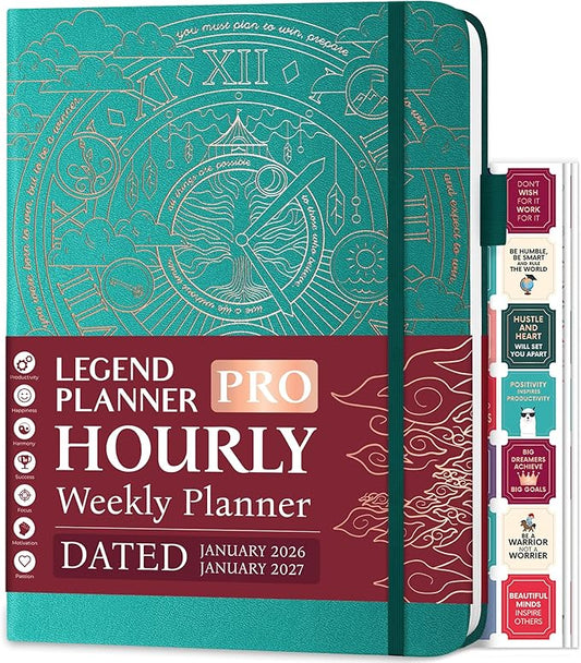 Legend Hourly Schedule Planner PRO Dated Jan 2026-Jan 2027 – Deluxe Weekly & Daily Organizer with Time Slots. Appointment Book Journal for Work & Time Management, A4 Hardcover, Viridian Green