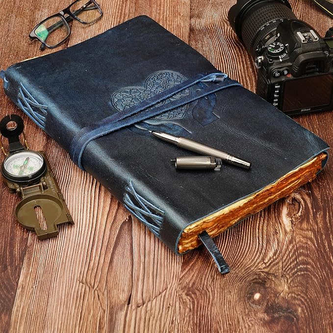 LUXEORIA Heart Journal for Women and Men, Handcrafted Leather Journal for Writing Womens, Sketchbook, Travel Diary with Unlined Deckle Paper, Dark Blue 8x13