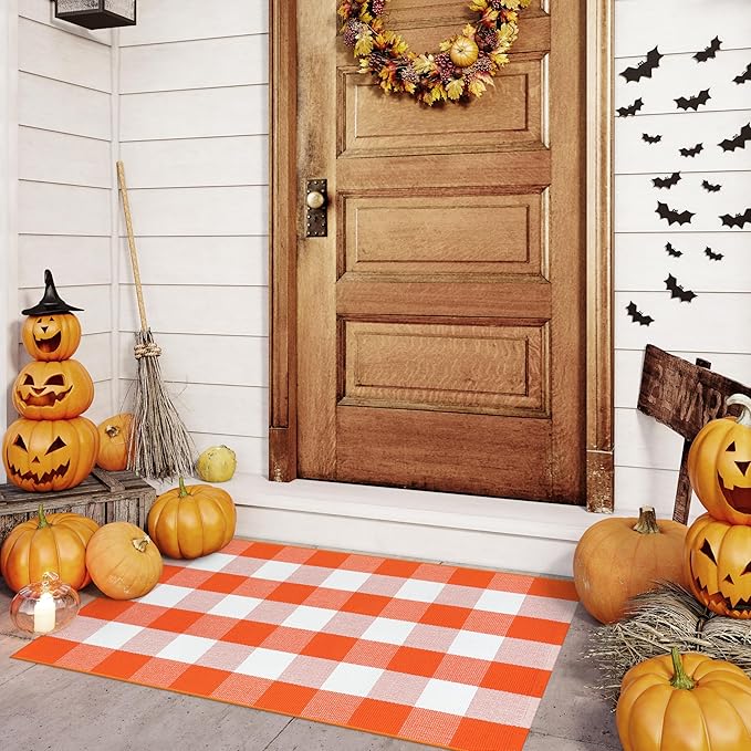 KIMODE Halloween Door Mat Outdoor 27.5"x43", Fall Decor Buffalo Plaid Outdoor Rug,Farmhouse Checkered Layered Welcome Door Mat for Entryway,Halloween Front Porch Decor,Orange and White