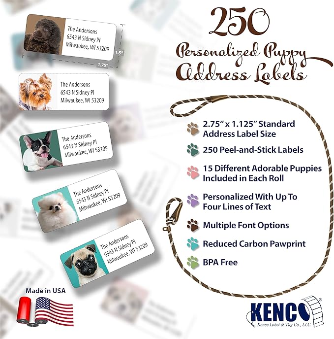 Customized Personalized Address Labels - Made in The USA by Kenco (250 Labels, Puppies)