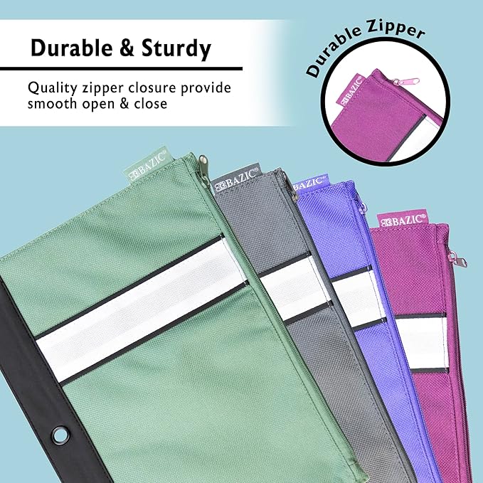 BAZIC Pencil Pouch 3 Ring Binder Pouch w/Rivet Enforced Rings Holes, Zipper Pouches Bag, Assorted Color, 4-Pack