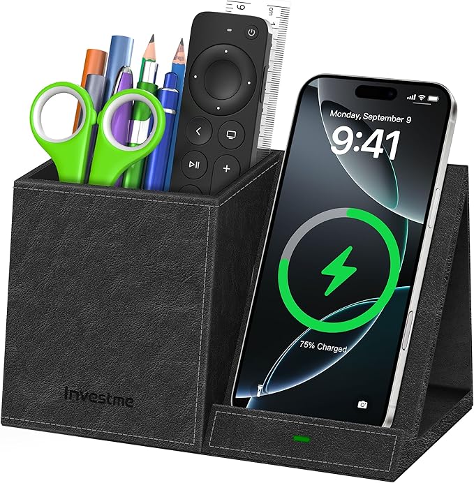 Pen Holder with Wireless Charger, Pencil Holder for Desk, Multi-Functional Desktop Organizer, Desk Organizers and Accessories for Home School Office Supplies, PU Leather Black