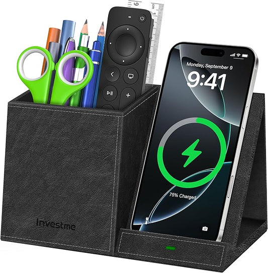Pen Holder with Wireless Charger, Pencil Holder for Desk, Multi-Functional Desktop Organizer, Desk Organizers and Accessories for Home School Office Supplies, PU Leather Black