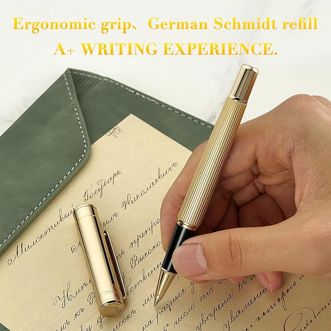 BEILUNER Lighthouse Series Rollerball Pen, 24K Gold Finish Pen Body, Exquisite Vertical Lines, Schneider 850 Refill, Nice Pen Gift Set for Men & Women, Office, Executive and Fancy Designer Pens (Gold)